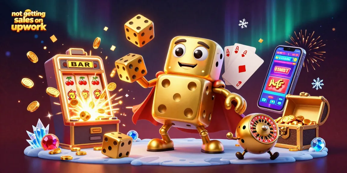 Experience a vibrant scene of not getting sales on Upwork with casino-themed golden dice and slot machines.