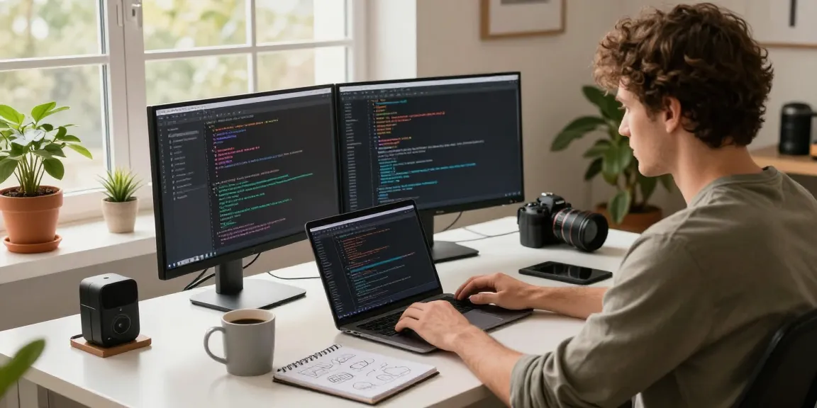 Workspace setup showcasing a programmer immersed in coding, emphasizing the 纸飞机中文版官网 in a modern tech environment.