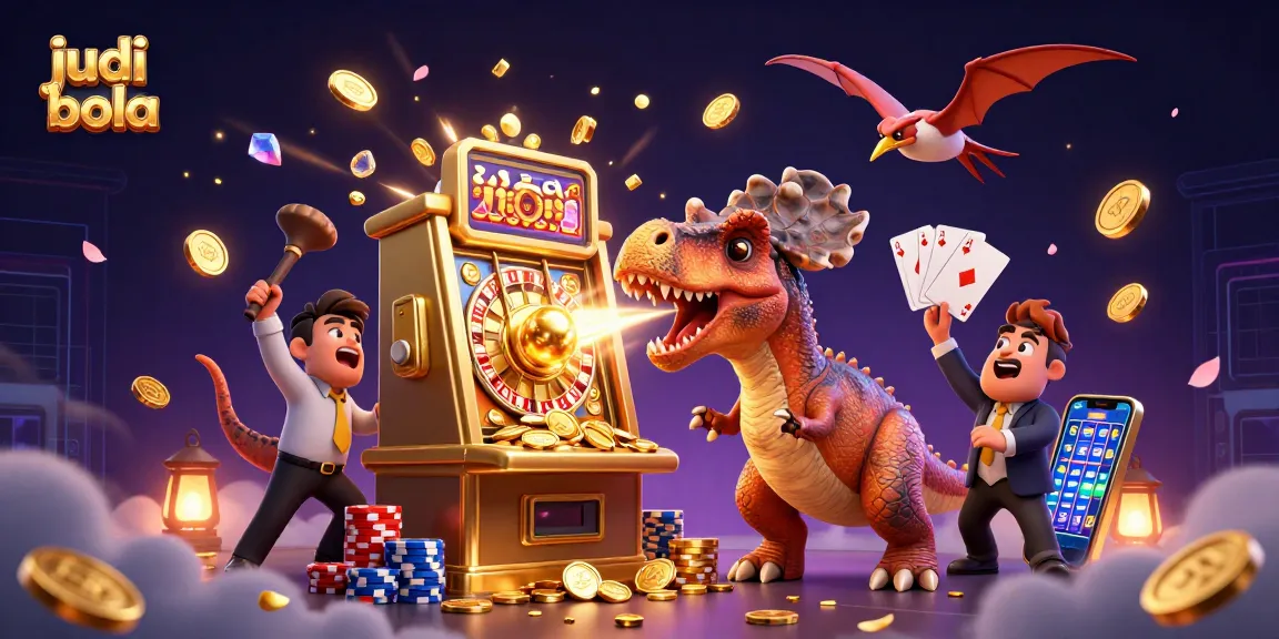 Experience judi bola excitement as a dinosaur wins coins from a golden slot machine surrounded by gems.