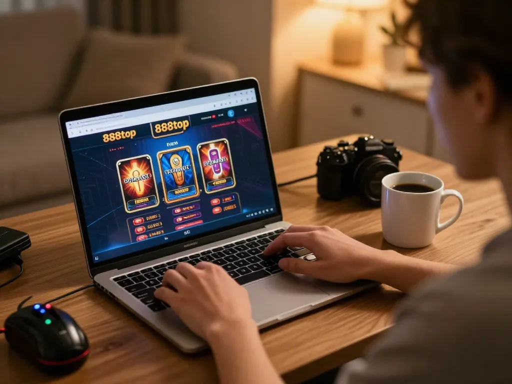 Engaged player using 888top com on laptop at home for an immersive online gaming experience.