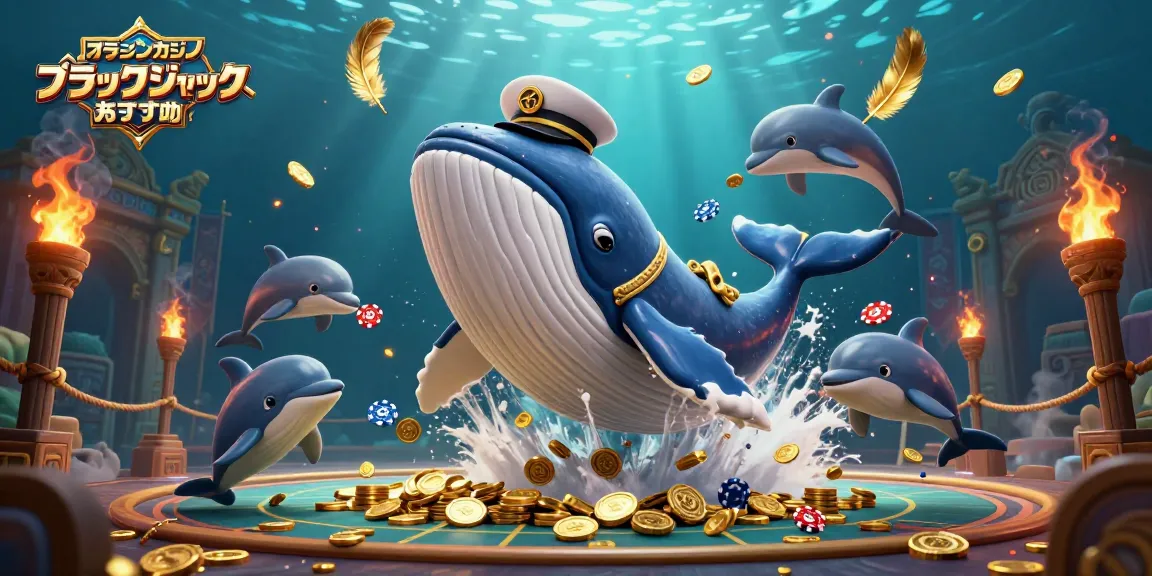 オンラインカジノ ブラックジャック おすすめの場面を描いたカートゥーンアート。コインの海を泳ぐクジラやトリックをするイルカなどが見える。