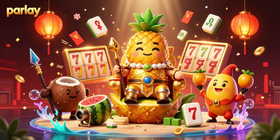Engage with parlay strategies at the vibrant casino with a festive scene featuring a golden pineapple king and game elements.