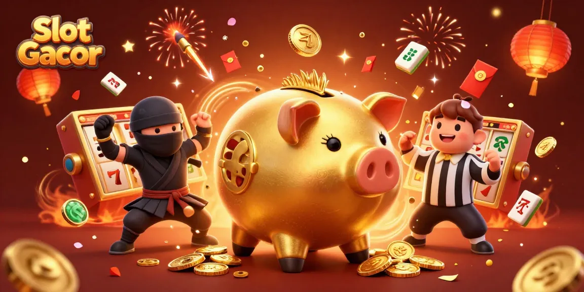 Slot Gacor menghadirkan momen kemenangan dengan celengan, ninja, dan samurai dalam suasana meriah.