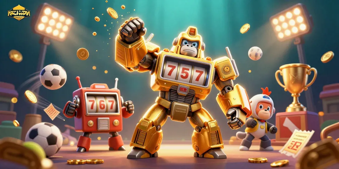 Experience thrilling gaming with rarityjewellery's explosive golden gorilla mech in a vibrant casino illustration.