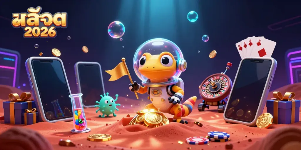 Play slot games with excitement in a colorful 3D scene featuring สล็อต 2026 themes.