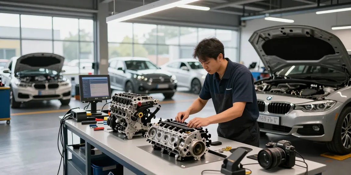 Professioneller Service in der BMW Werkstatt Hannover mit einem Mechaniker, der an einem BMW-Motor arbeitet.