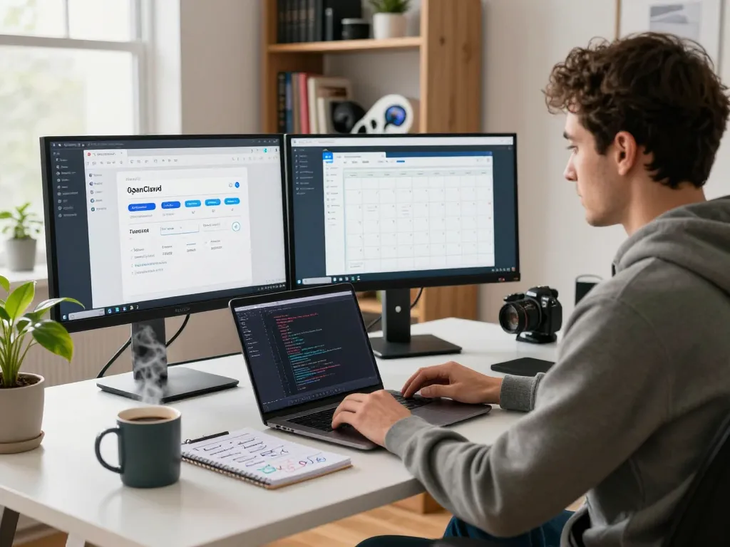 Focused developer managing emails and calendar using clawbot in a stylish home office.