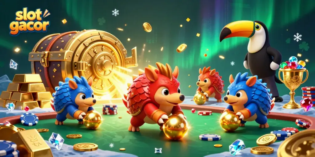 slot gacor meriah dengan pangolin berkompetisi di kasino, dikelilingi harta karun