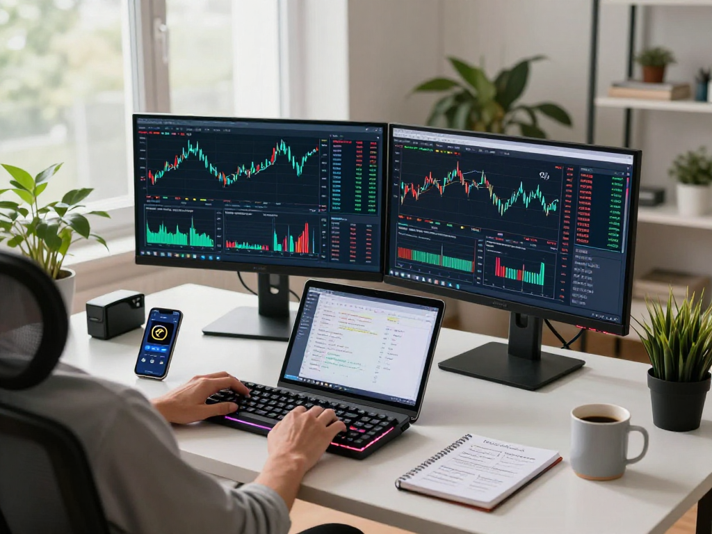 metatrader 5 官网的现代家居办公室交易环境，多屏幕显示实时交易图表和加密货币分析工具，展现专业交易氛围。