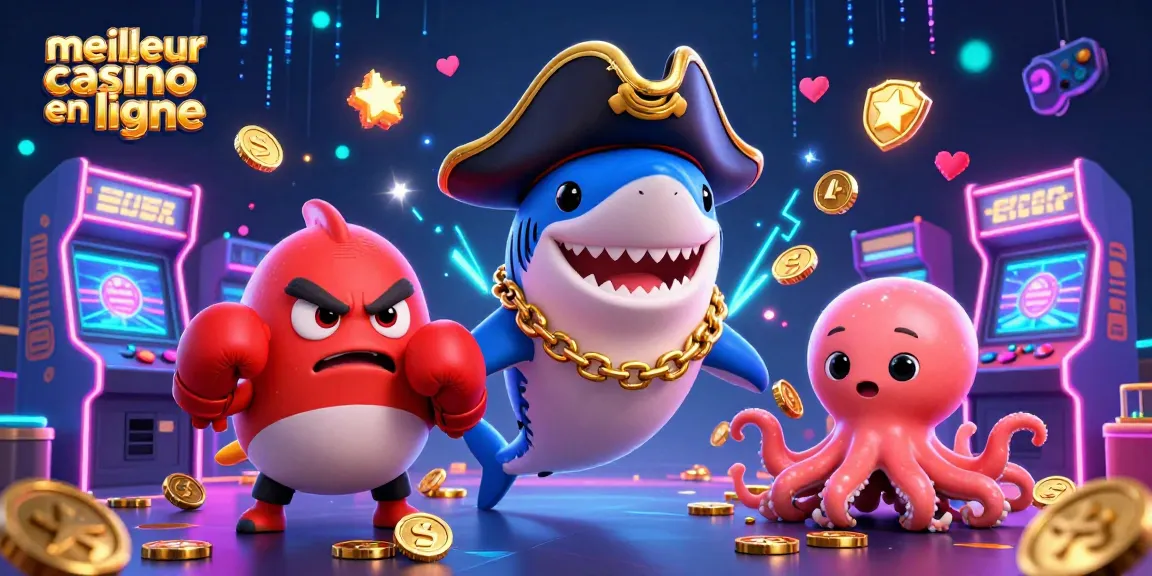 Illustrez le meilleur casino en ligne avec un requin pirate, un poisson-globe et une pieuvre mignonne.