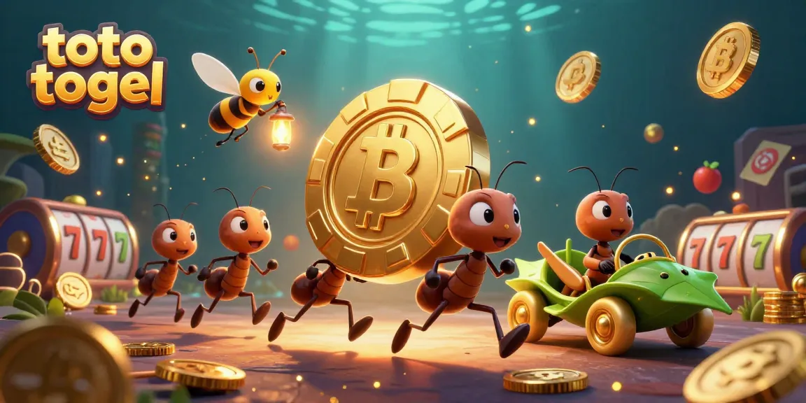 Ants executing a thrilling heist in toto togel casino, surrounded by vibrant slot elements and golden sparkles.