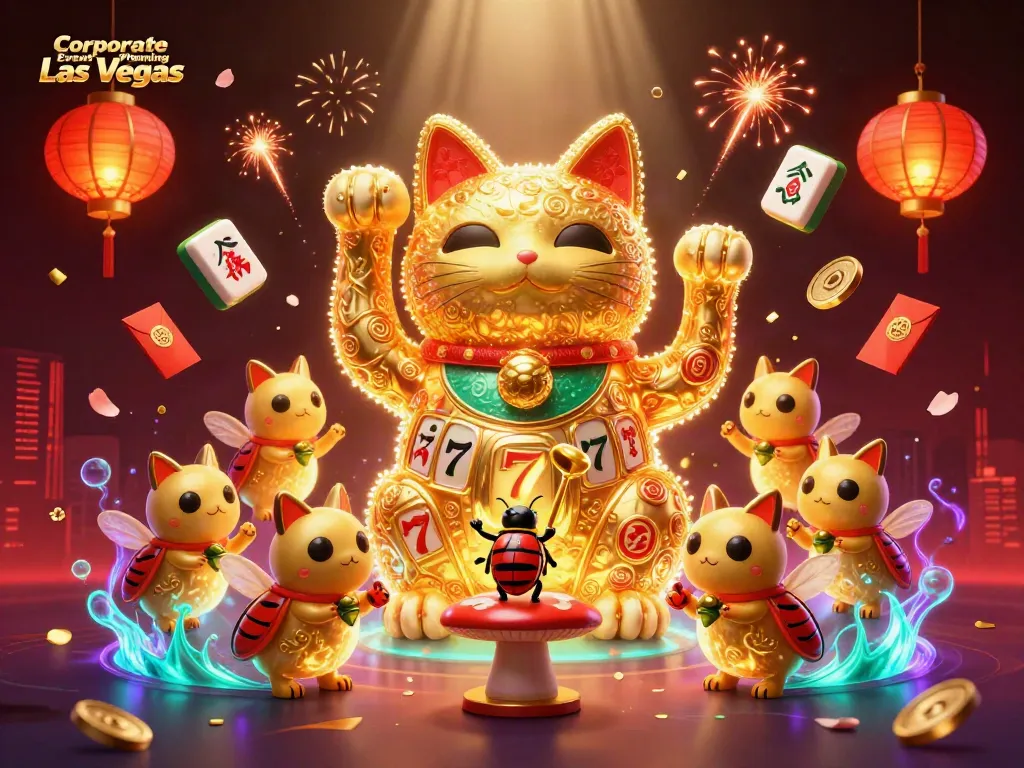 Experience extraordinary Corporate Event Planning Las Vegas with a lively illustration of a lucky cat surrounded by vibrant casino symbols.
