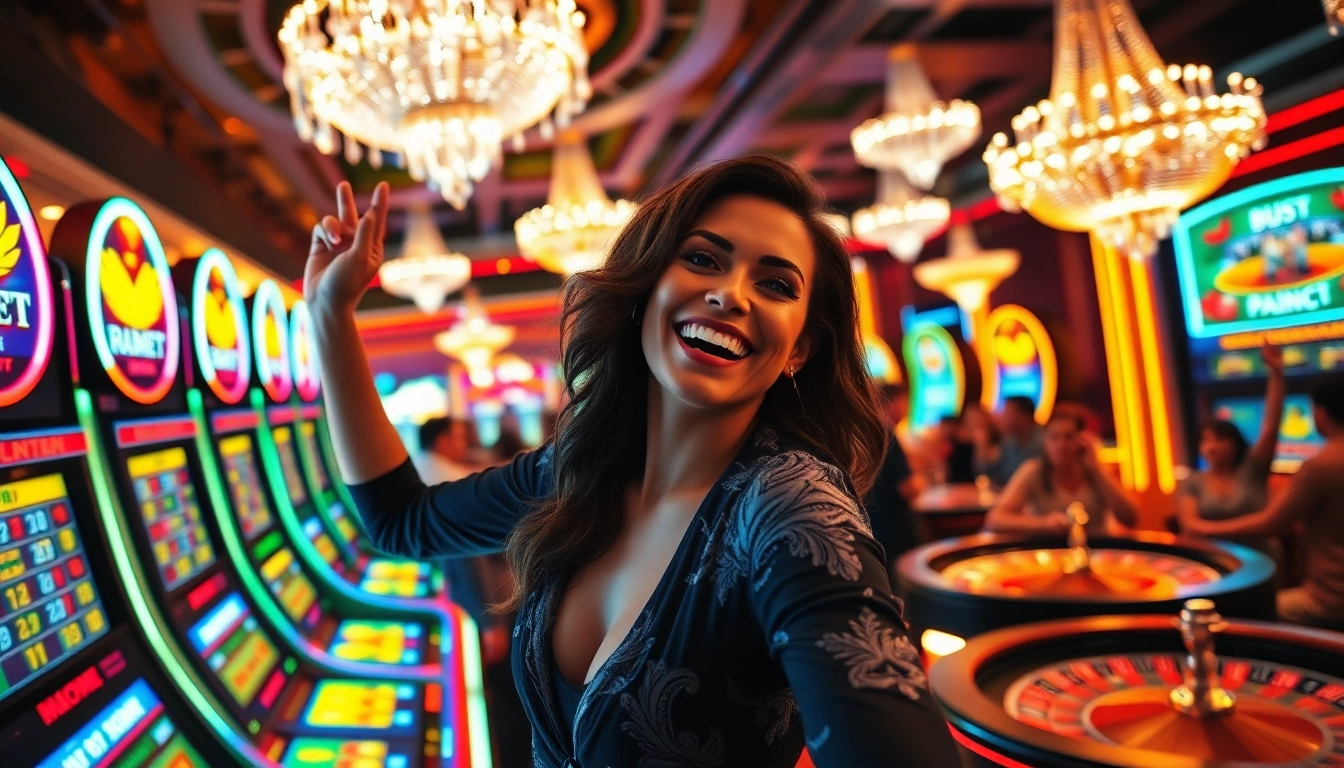 Vegas hero celebrating a big win in a vibrant casino filled with colorful lights and happy players.