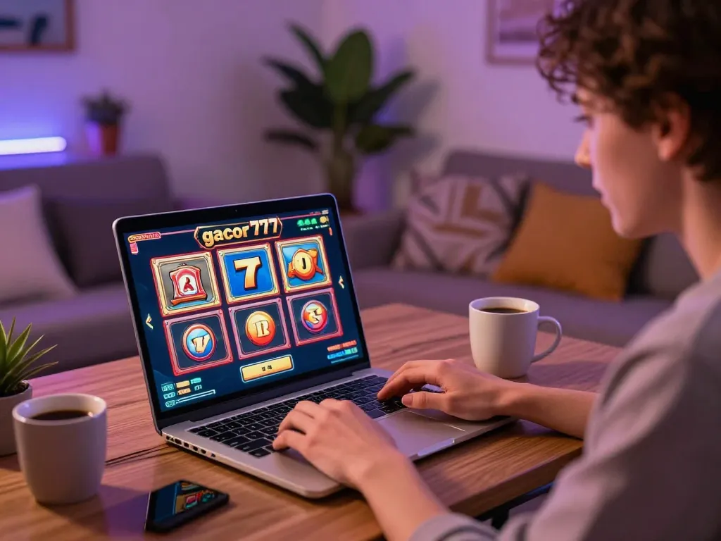 Engaging in slot gacor 777 gameplay on a laptop at home with a cozy ambiance