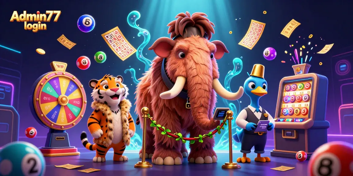 Experience the vibrant Admin77 login scene with 3D characters amidst dynamic casino elements.