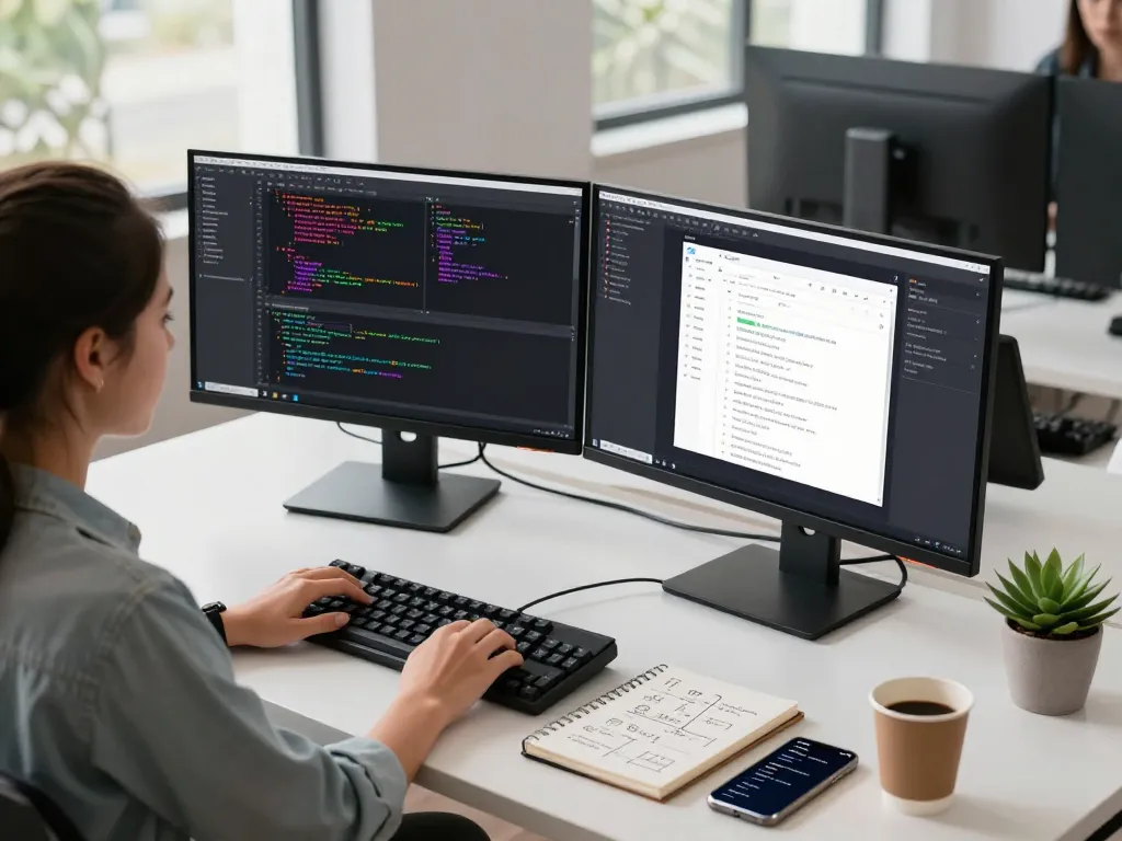 Moltbot AI developer coding on dual monitors in a modern workspace with productivity tools.