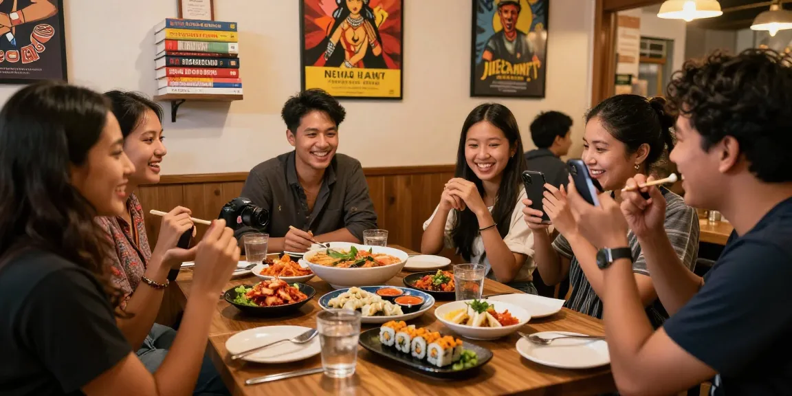 Gathering at https://hanadultalk.com featuring friends enjoying Asian cuisine, showcasing cultural connections.