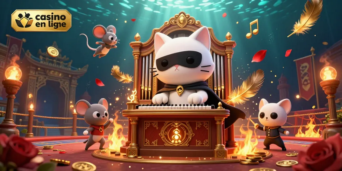 Illustration d'un casino en ligne dynamique, avec un chat masqué et une souris acrobate entourés de jetons et de musique.