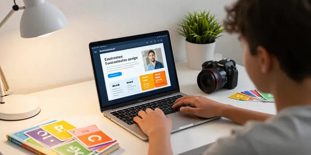 Toto English learning set in a vibrant online study environment with interactive digital resources and cozy atmosphere.