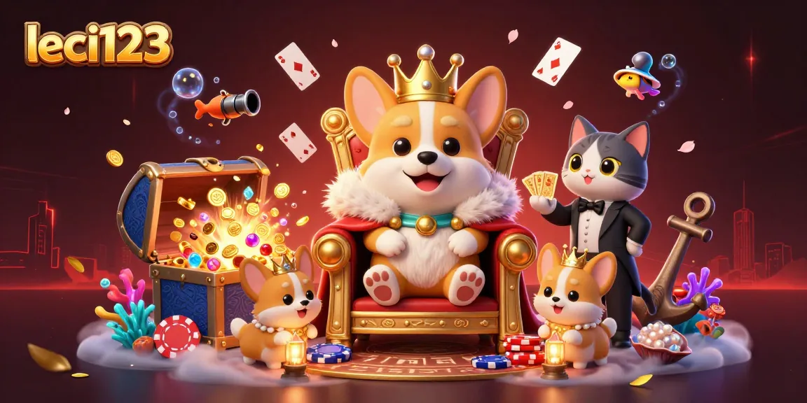 Mainkan leci123 dengan corgi kerajaan dan harta karun yang bersinar dalam suasana kasino yang meriah.