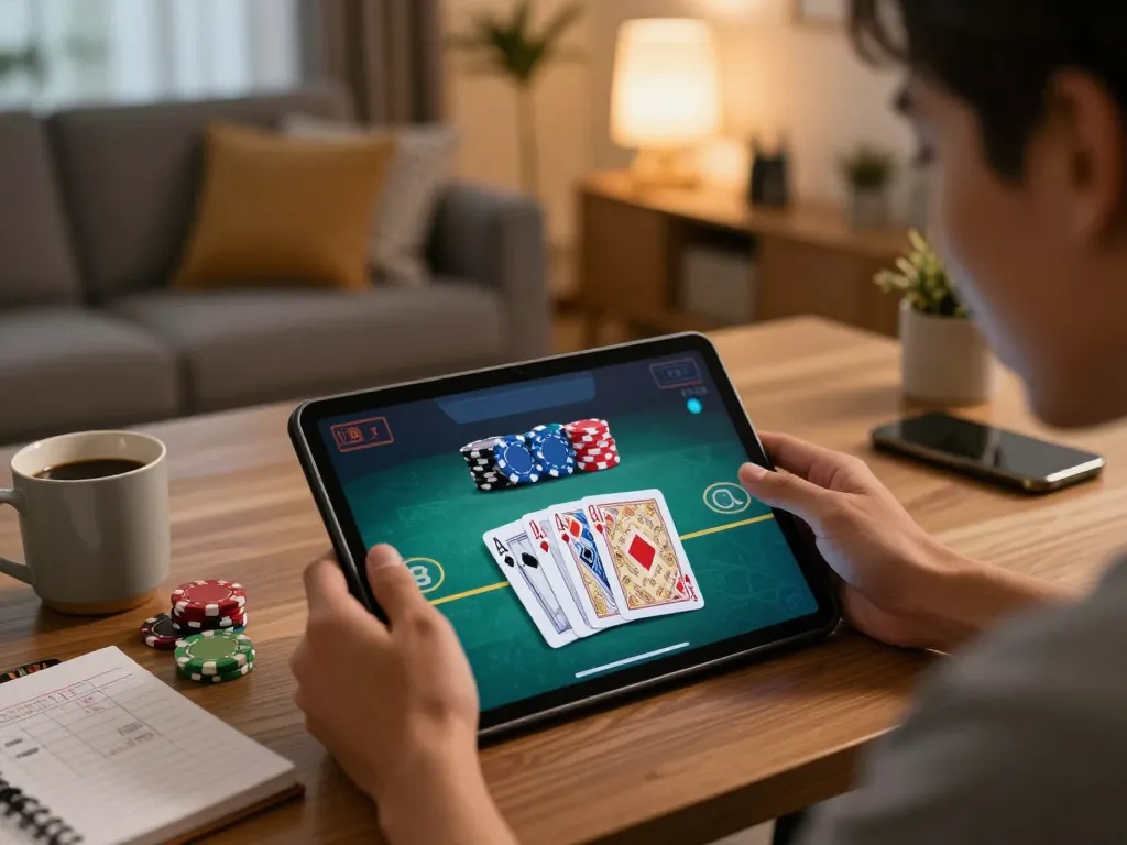 23win player engaging with a blackjack game on a tablet at home, showcasing a strategic gaming moment in a cozy setting