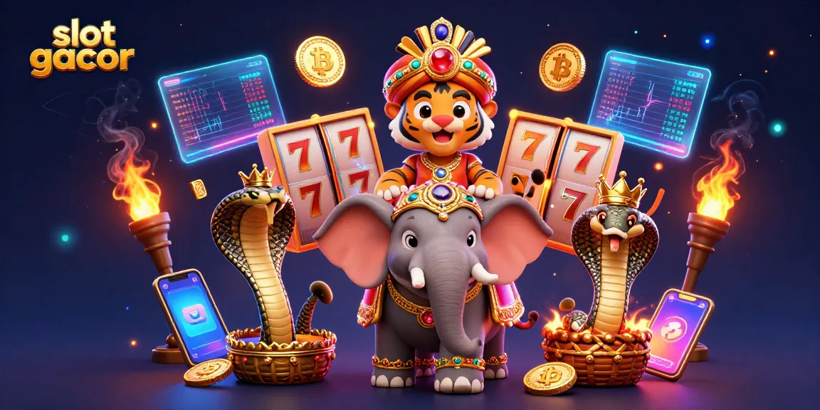 Menangkan slot gacor dengan karakter harimau dan gajah berkilau yang dikelilingi elemen kasino digital.