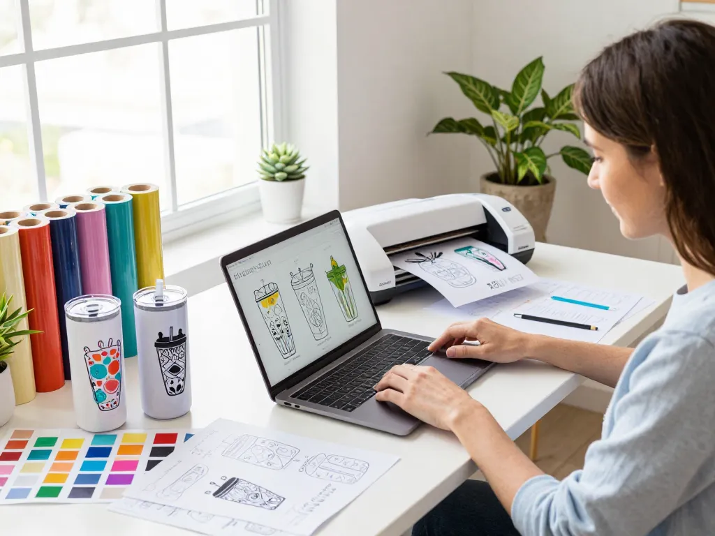 Crafty individual designing tumbler SVG bundle files in a bright home office
