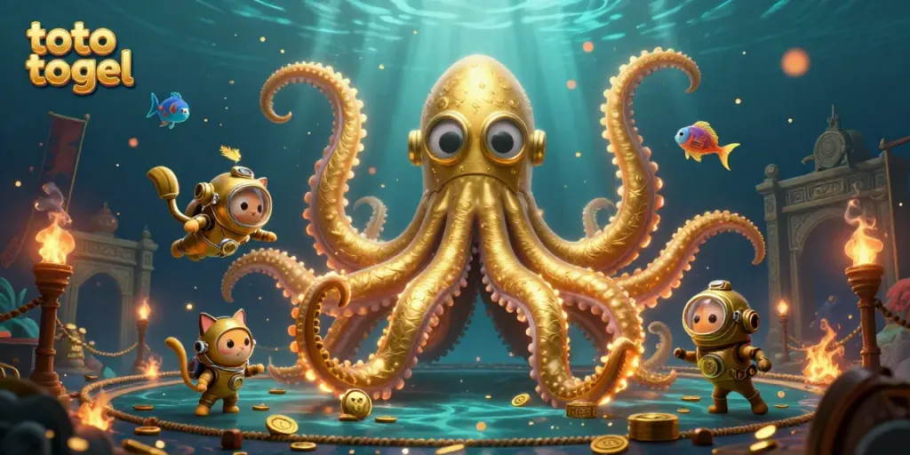 Experience the thrill of toto togel in a vibrant underwater casino scene with a kraken and diving cat.