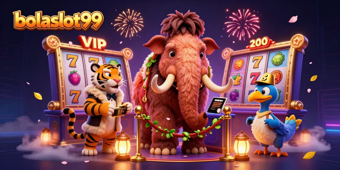 Bolaslot99 features a vibrant casino scene with a woolly mammoth bouncer, a saber-tooth VIP, and dynamic slot game elements.