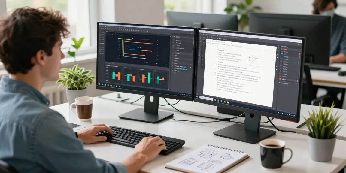 Developer using 截图软件 on dual monitors in a bright, modern workspace