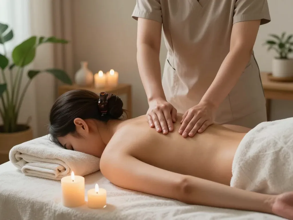 출장마사지 service in a calming home environment with soft lighting and soothing atmosphere.