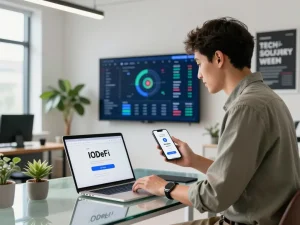 Excited professional at desk showcasing IODeFi sign up for cloud mining with referral bonuses.