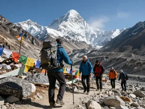 Everest Base Camp Heli Trek adventurers on a stunning mountain trail, surrounded by high peaks and vibrant landscape.