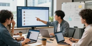 Innovative professionals collaborating at a modern workspace with the Sifu24 HK app on display, emphasizing the platform's client-to-professional services.