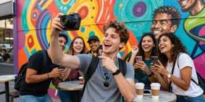 Person taking a selfie who looks like a celebrity in lively urban setting