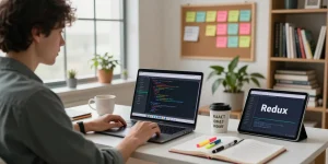 Focused individual studying a React and Redux course online in a bright home office, laptop showing coding examples.