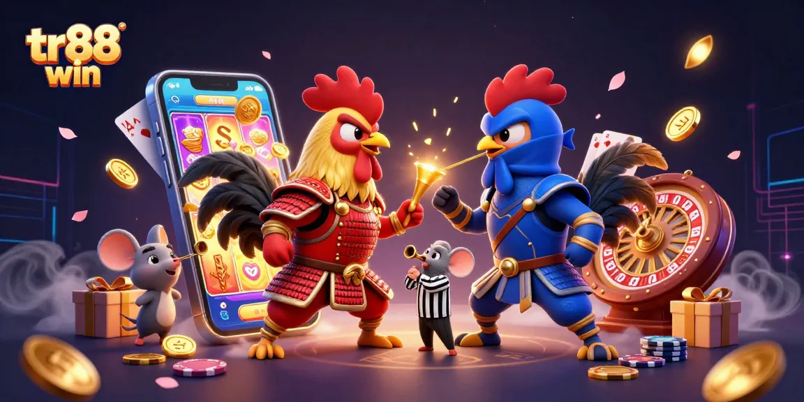 Experience the excitement of tr88 win with fighting roosters and casino games in this thrilling 3D illustration.