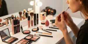 Makeup artist applying lipstick with a lip blending brush, showcasing Skone cosmetics products in a bright vanity setting.