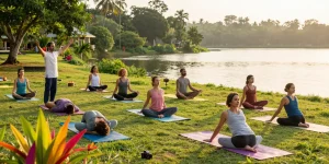 Participants in yoga teacher training Sri Lanka practicing poses by the lake under the sun.