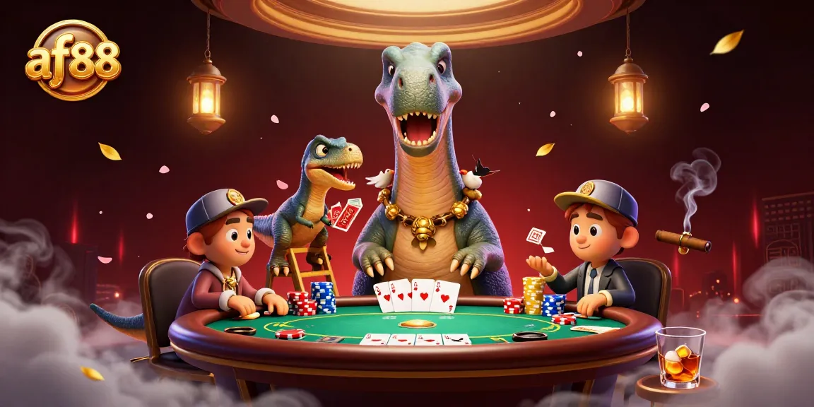 Experience thrilling poker action at af88 with a giant brontosaurus overseeing the game.