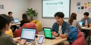 Engaging tech workspace showcasing WhatsApp下載 application demonstration in a vibrant co-working setting.