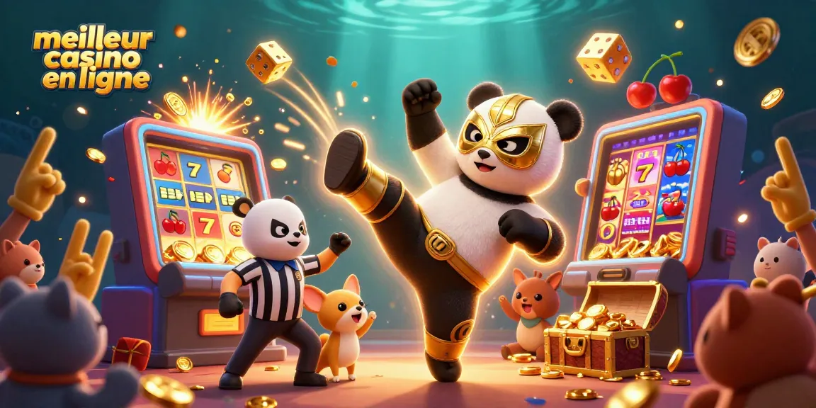 Image captivante du meilleur casino en ligne avec un panda lutteur effectuant un coup de pied dans une scène dynamique de machines à sous.