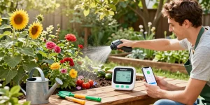 Homeowner using RainPoint WiFi water timer in lush garden for effortless plant care.