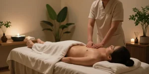 Relaxation during 강남출장마사지 in a serene therapy room with soft lighting and calming decor.