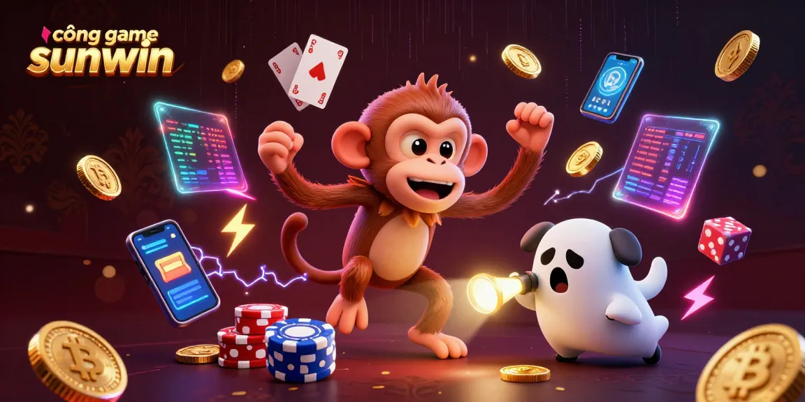 Experience cổng game sunwin as a mischievous poltergeist monkey juggles golden coins in a haunted casino scene.