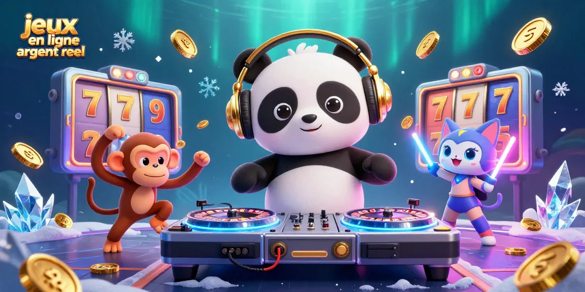 Plongez dans les jeux casino en ligne argent réel, avec un panda DJ, un singe et un chat lumineux en pleine action festive.