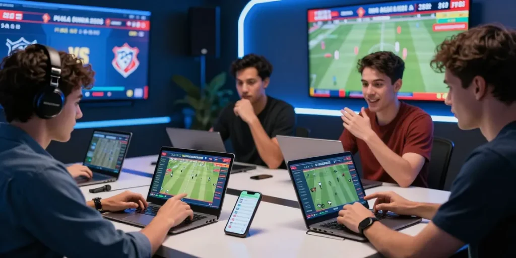 Excited bettors engaging with SBOBET wap on smartphones and tablets in a vibrant online gaming environment.
