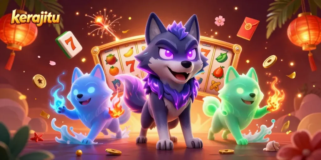 Engage with kerajitu through a dynamic scene featuring glowing shadow wolves and exciting slot elements.