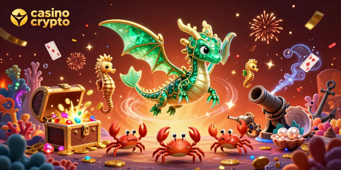 Jouez sur un casino crypto et découvrez une animation captivante avec des personnages maritimes colorés et des trésors brillants.