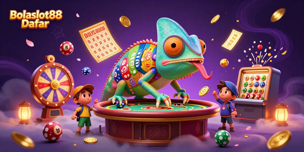 Bolaslot88 Daftar showcases an energetic casino scene with a chameleon owner and exciting gaming elements.